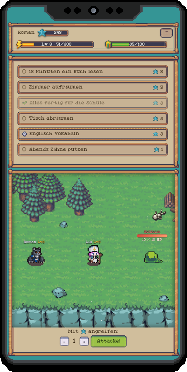 Spielgeschehen mit Aufgabenliste, Held und Monster auf dem Handy